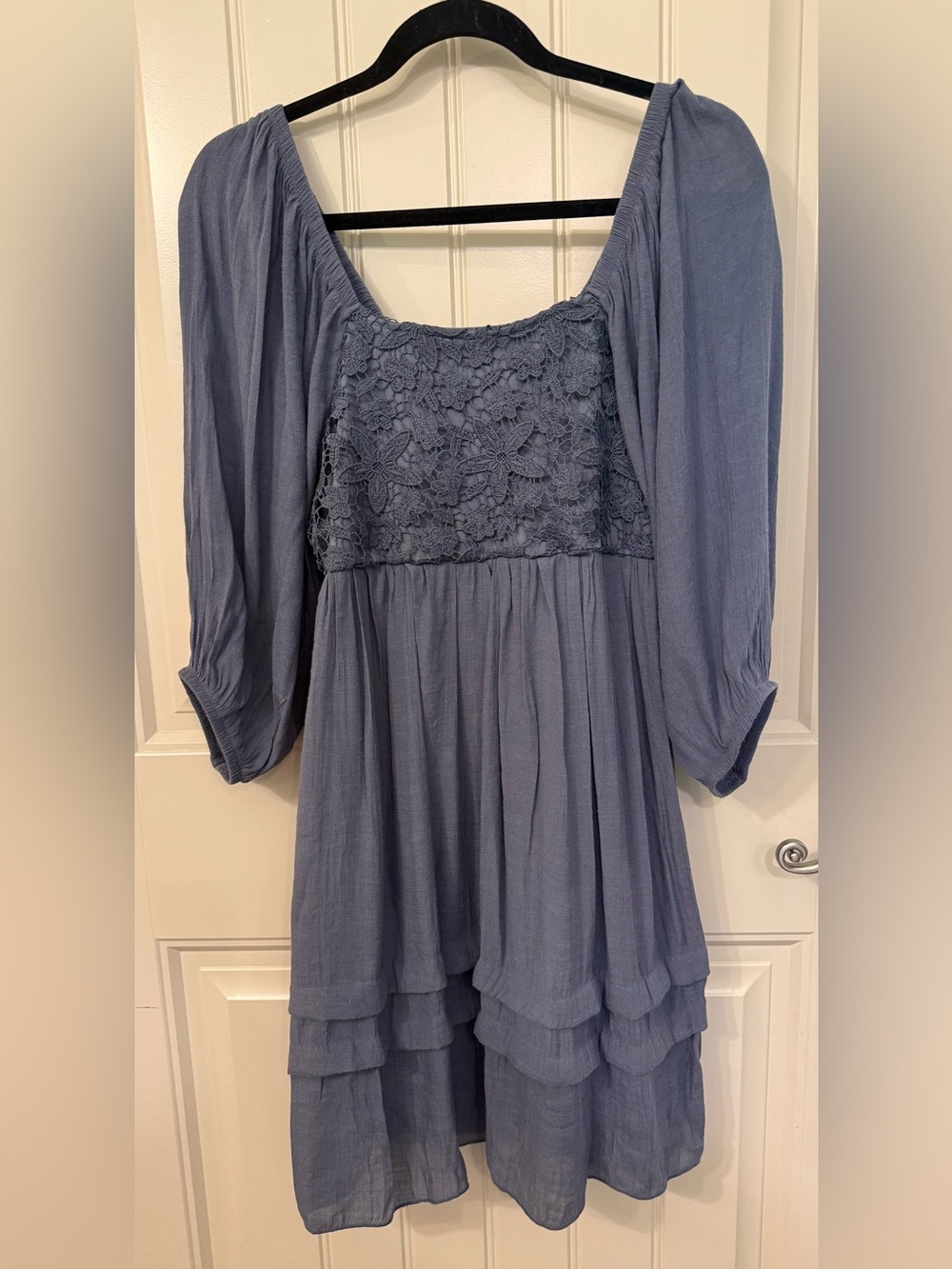 Women's Long Sleeve Lace Bodice Tiered Dress - Blue